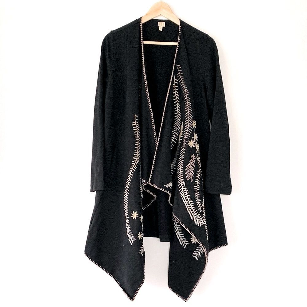 XCVI Black Floral Design Embroidered Open front draped Duster Jacket Cotton sz L